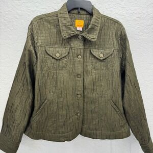 Ruby Rd Women's 14 Olive‎ Green Crinkle Textured Button Front Jacket Blouse Top